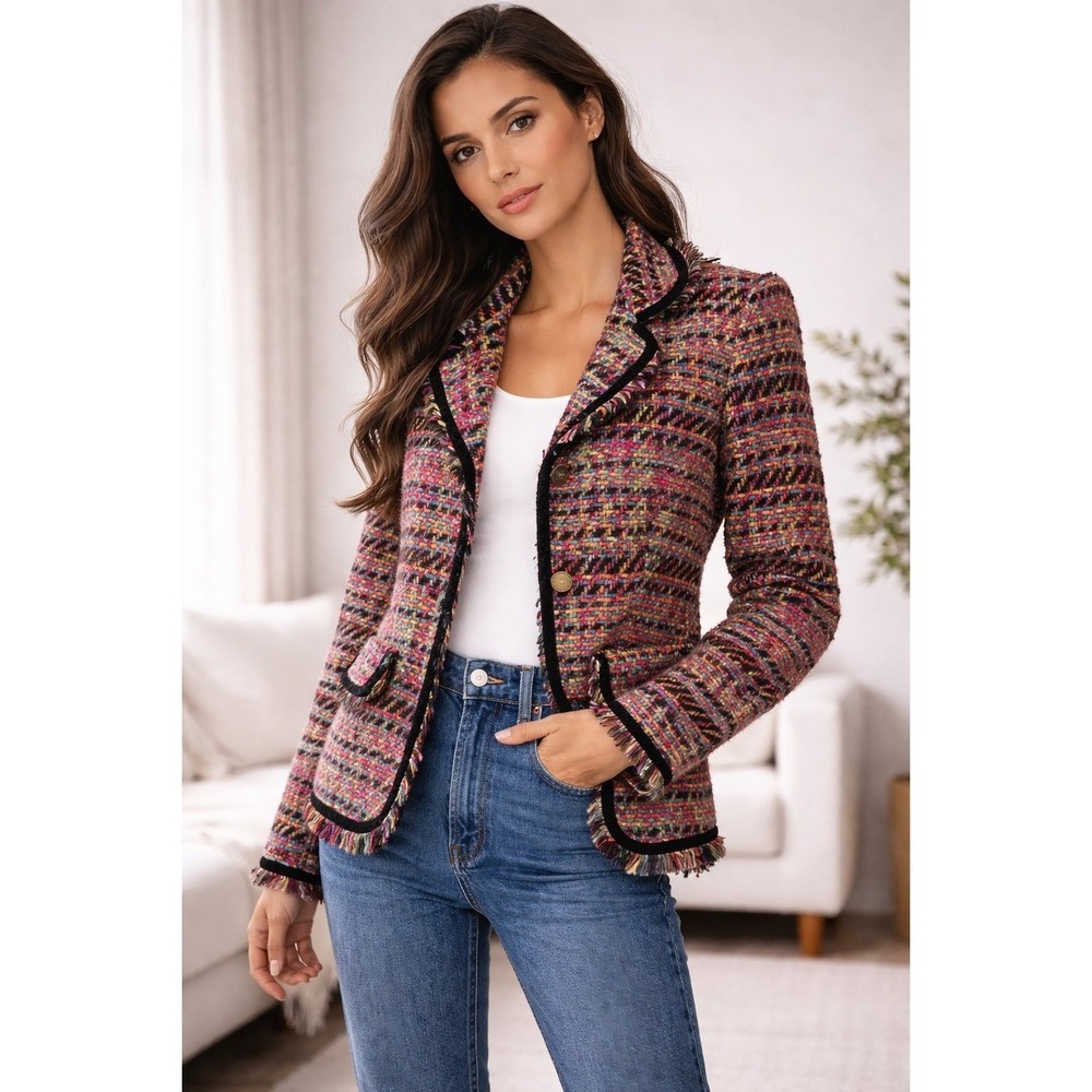 New Fashion Multicolor Tweed Jacket Fringe Trim Size‎ 16